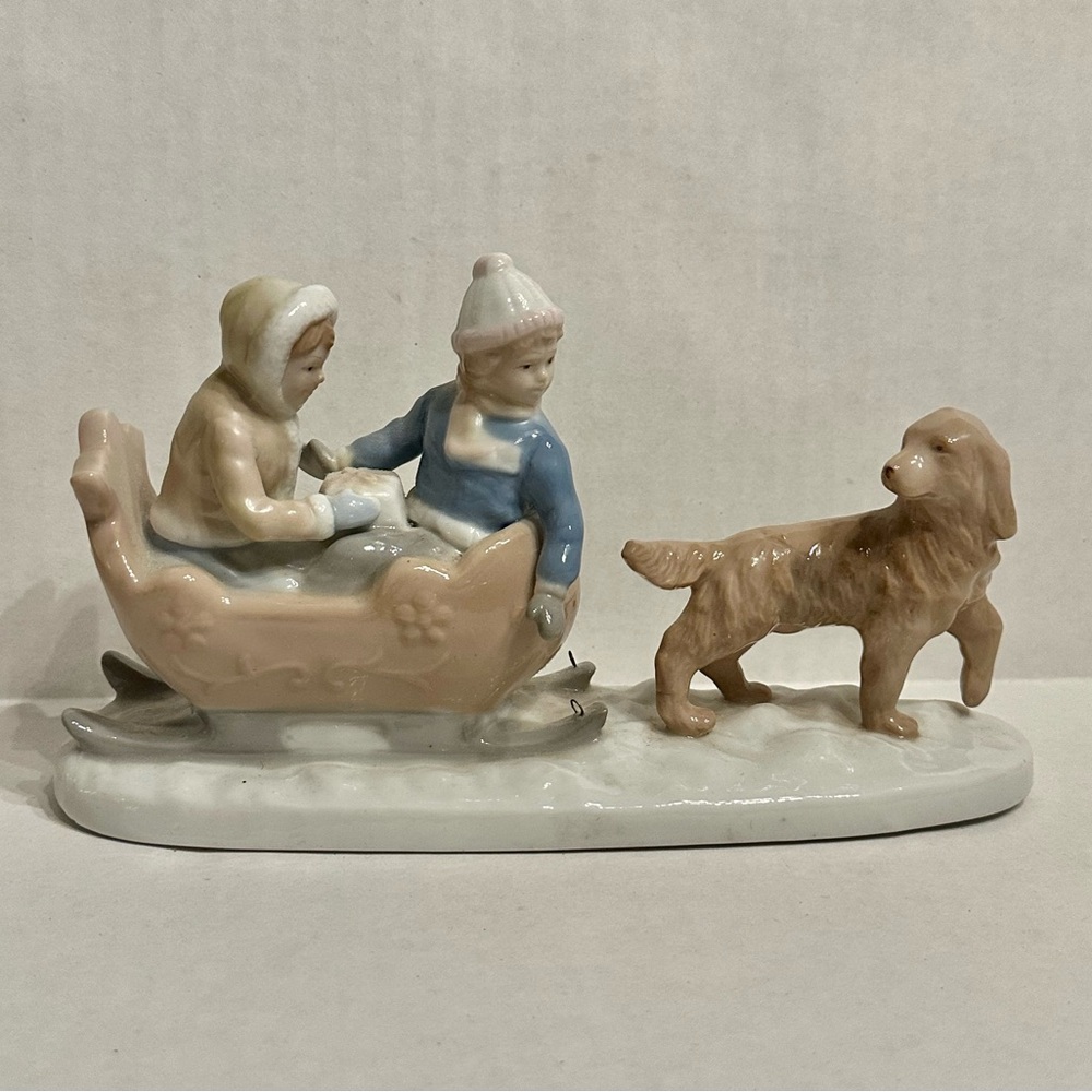 VTG Paul Sebastian Porcelain Kids Sleigh Ride with Dog Figurine Holiday Decor